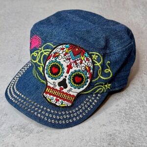 Day of the Dead Cadet Style Cap Sugar Skull Embroidered Rhinestones Denim Hat